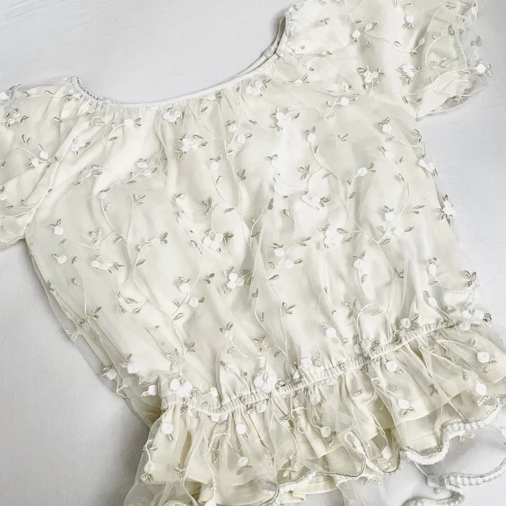 Floral Cream/White Tulle Lace Embroidered Peplum Floaty Puff-Sleeves Top